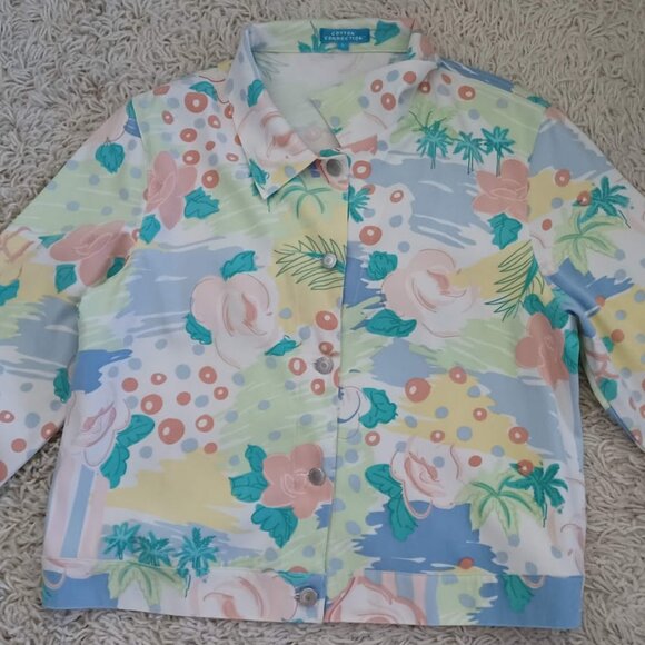 Vintage Y2K Style Floral Palm Print Shirt Jacket Lg Cotton Connection 3/4 Sleeve - Picture 1 of 7